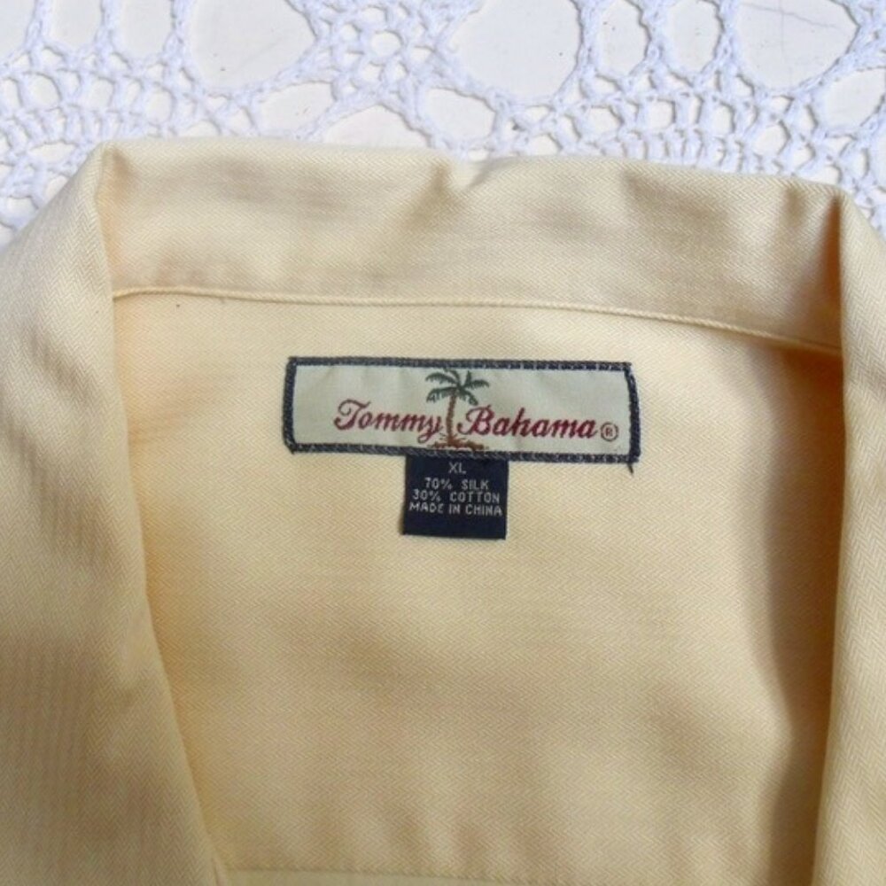 TOMMY BAHAMA Pale Yellow Silk Blend Aloha Hawaiian Short Sleeve Shirt Sz XL